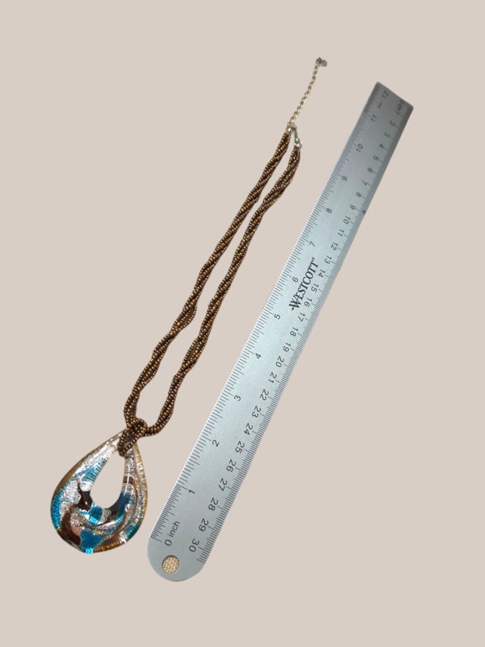 Vintage Murano Glass Teardrop Pendant Necklace With Bronze Beaded Cord - Picture 5 of 9